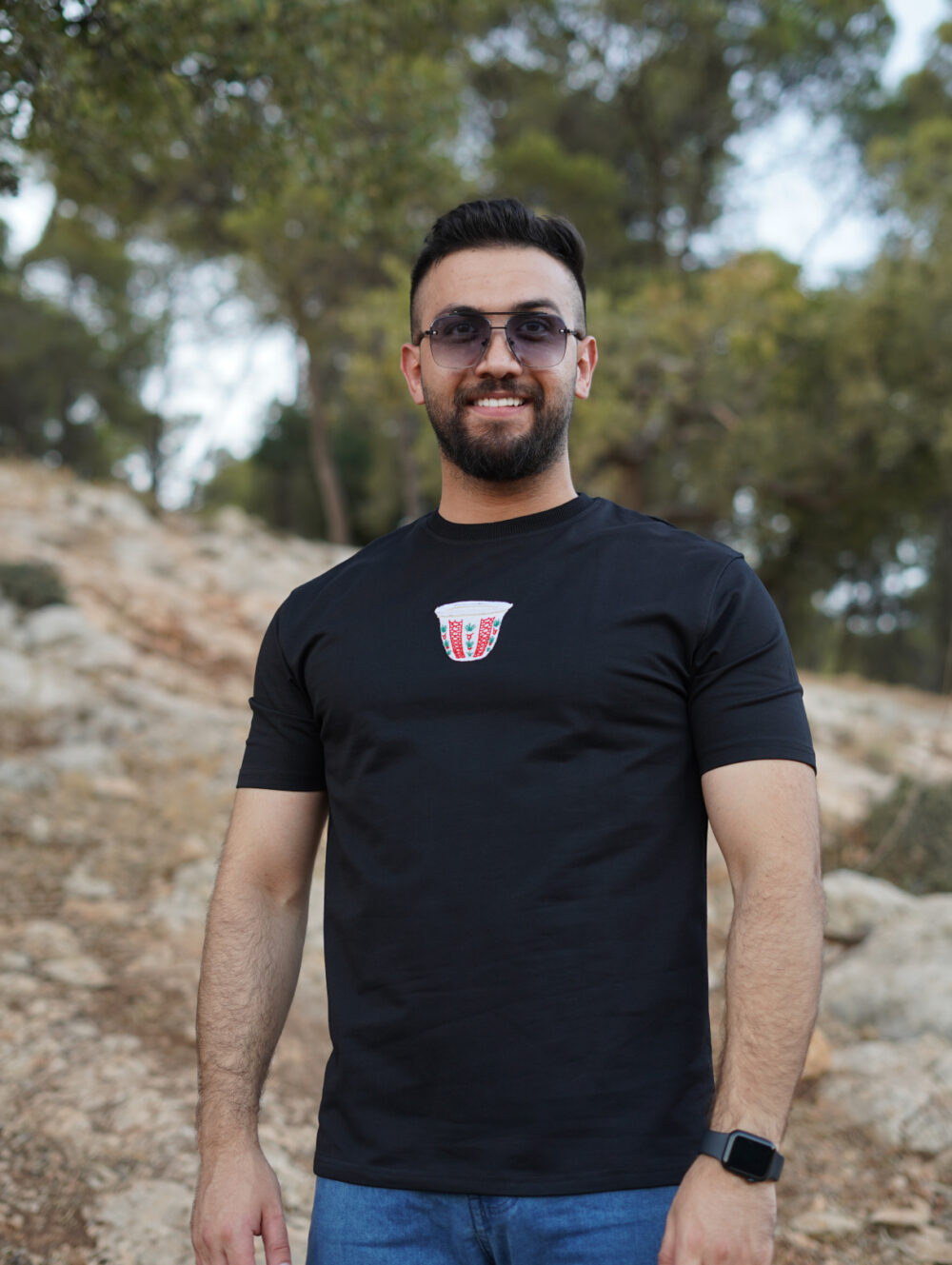 Arabic Coffee Cup Embroidered T-Shirt in Black