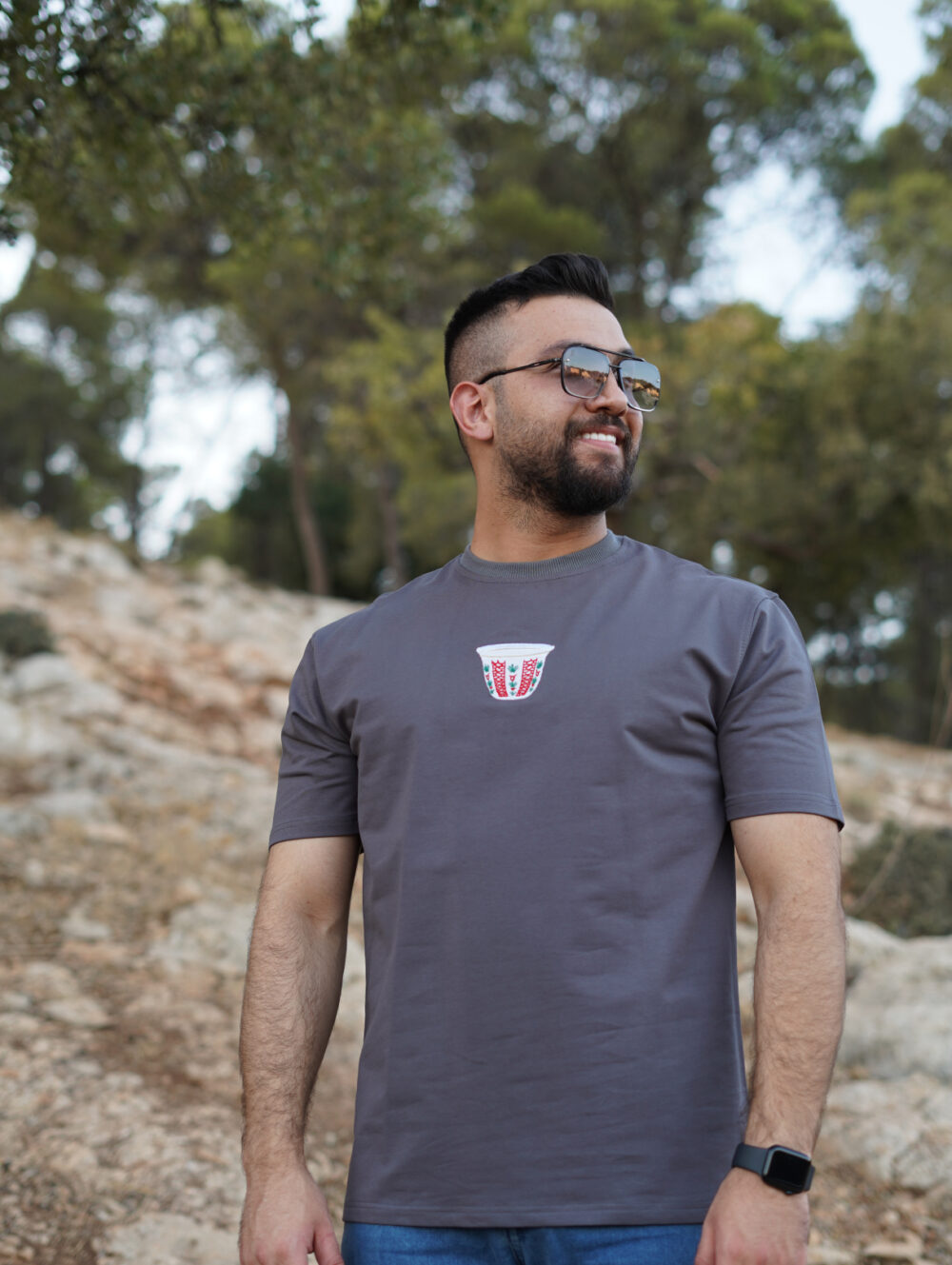 Arabic Coffee Cup Embroidered T-Shirt in Grey